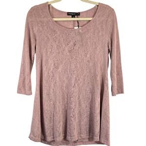 M Living Doll Pink Swing Top Womens Size M 3/4 Sleeves Burnout Semi Sheer NWT